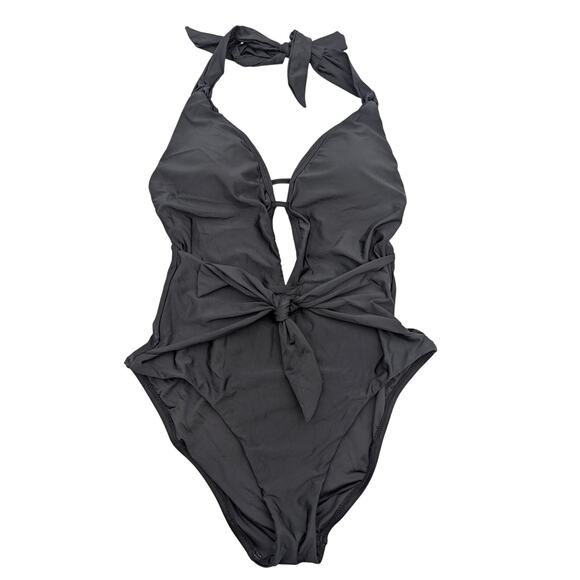 Sunshine 79 Women's Halter One Piece Swimsuit Self-Tie Front Black Size 10 - Picture 2 of 9